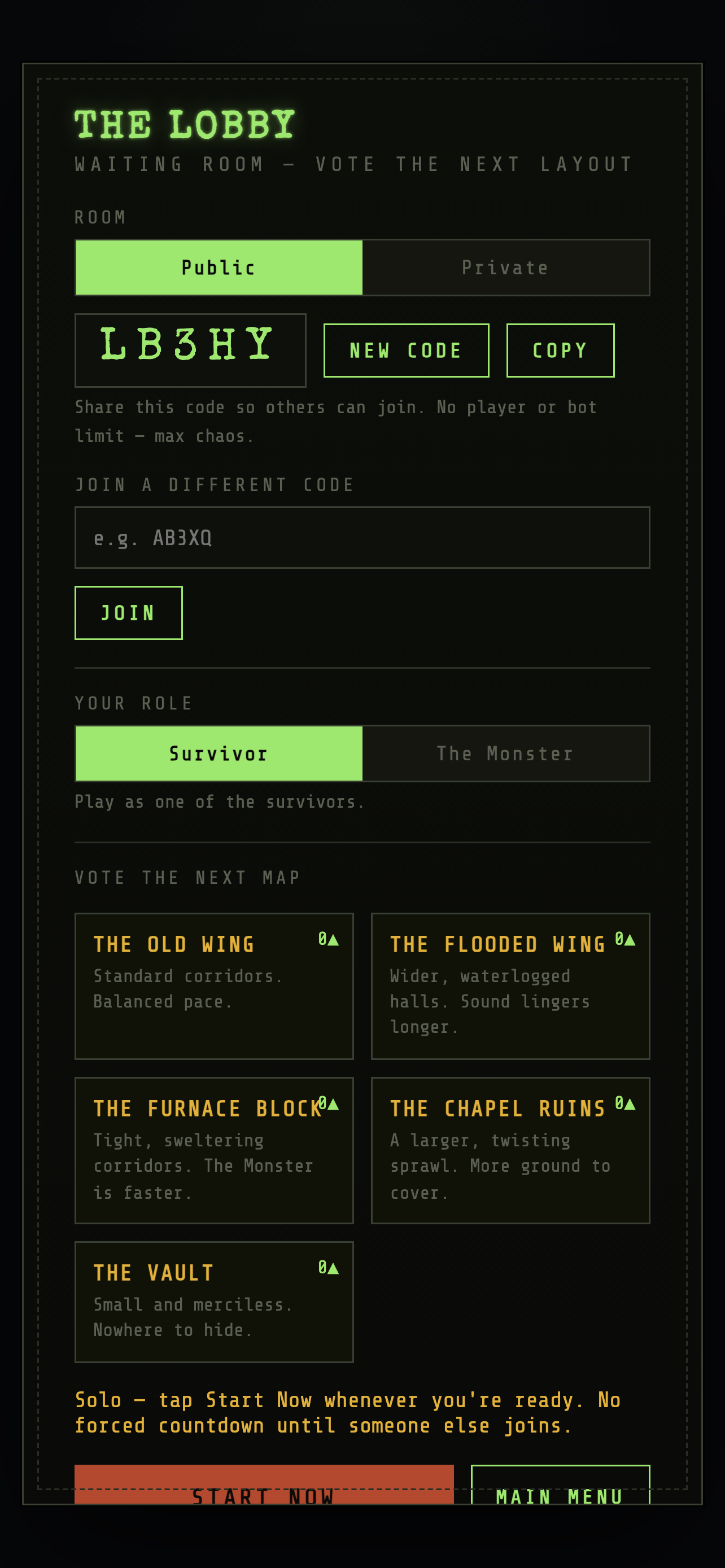 Rebolt lobby with room code and map vote
